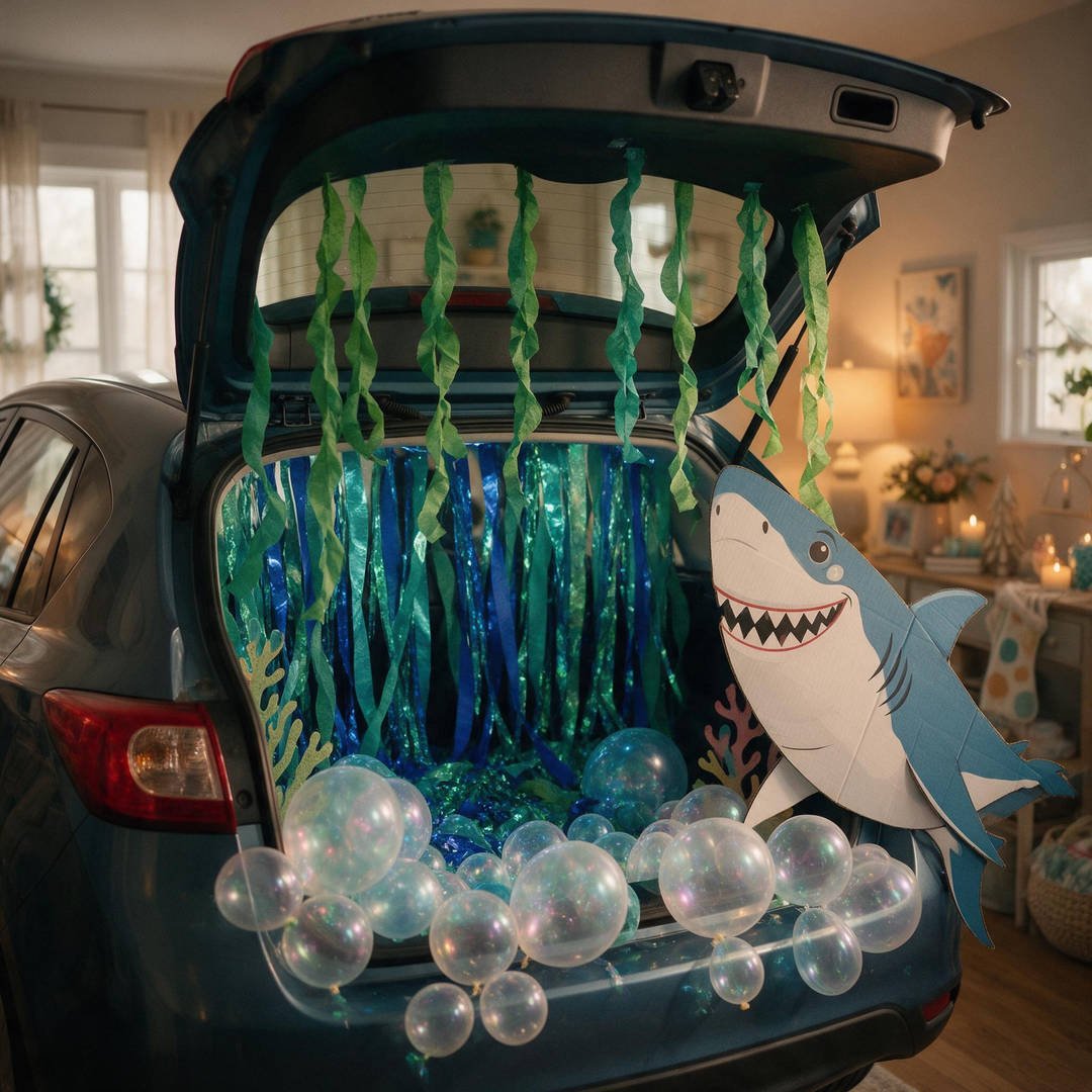 30+ Easy Car Halloween Decorations (Trunk or Treat Ideas!) 4 A hatchback trunk decorated as an underwater coral reef with blue ocean streamers green crepe kelp and a friendly grinning shark