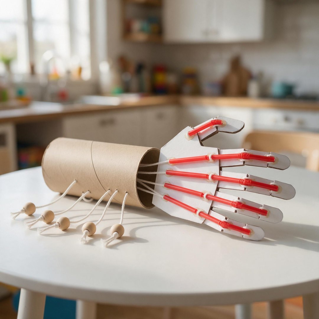 10 Moving Skeleton Hand Paper Crafts for Spooky STEM Fun 3 Cardboard Tube Robotic Skeleton Arm - Articulated skeleton hand attached to a kraft cardboard paper towel tube forearm with pull strings