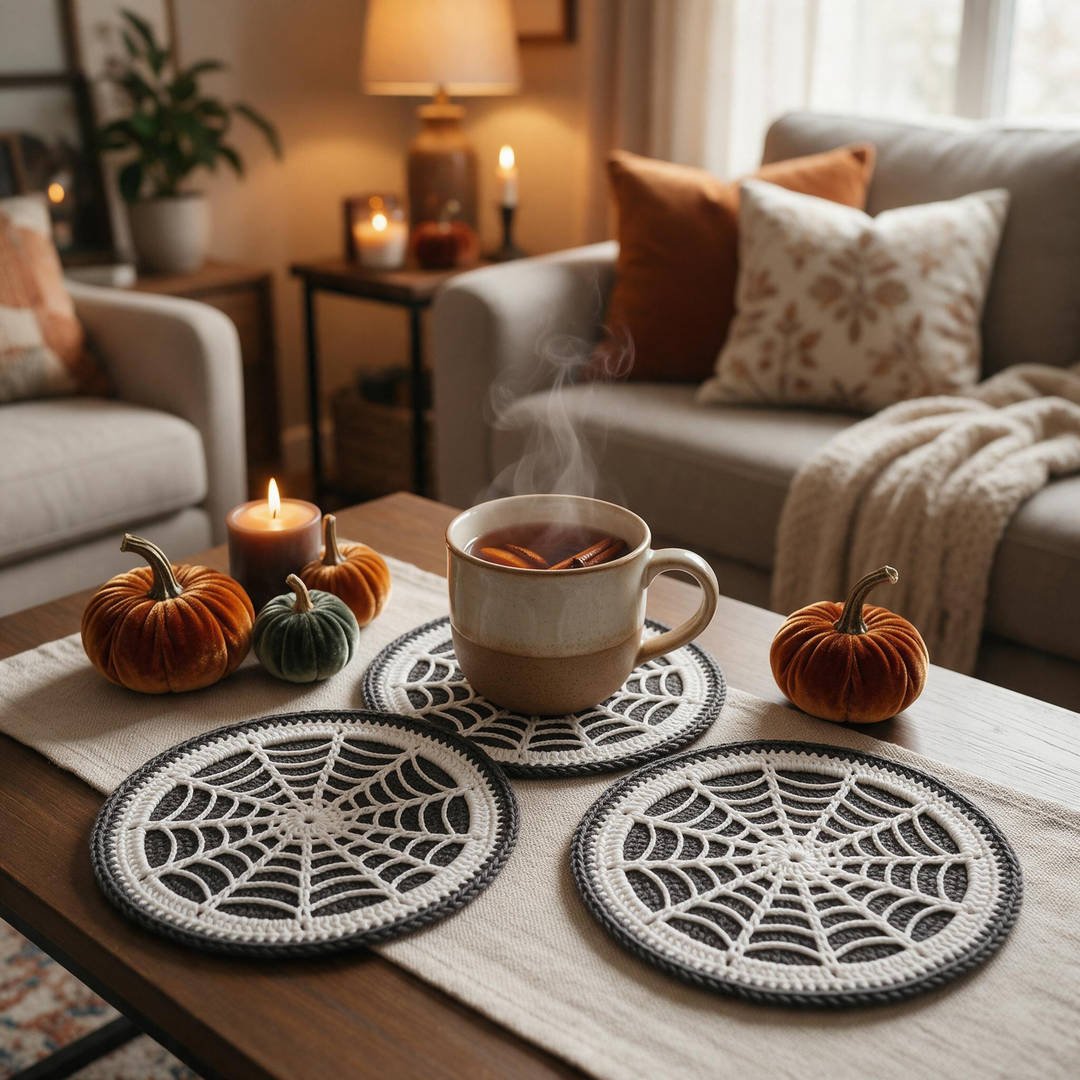 25+ Cute Crochet Halloween Decorations (Free Patterns & DIYs!) 4 Intricate black and white crochet spiderweb drink coasters on a rustic wood coffee table beside a pumpkin mug