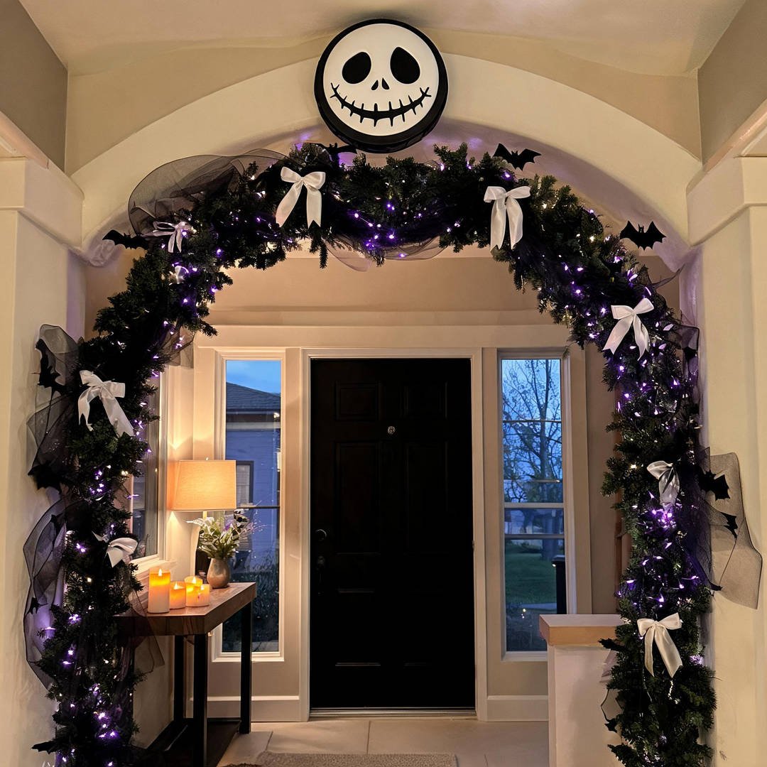 25+ Magical Disney Halloween Outdoor Decorations (Mickey Pumpkins & Haunted Mansion Ideas!) 4 Jack Skellington and Nightmare Before Christmas decorative archway framing a suburban front door