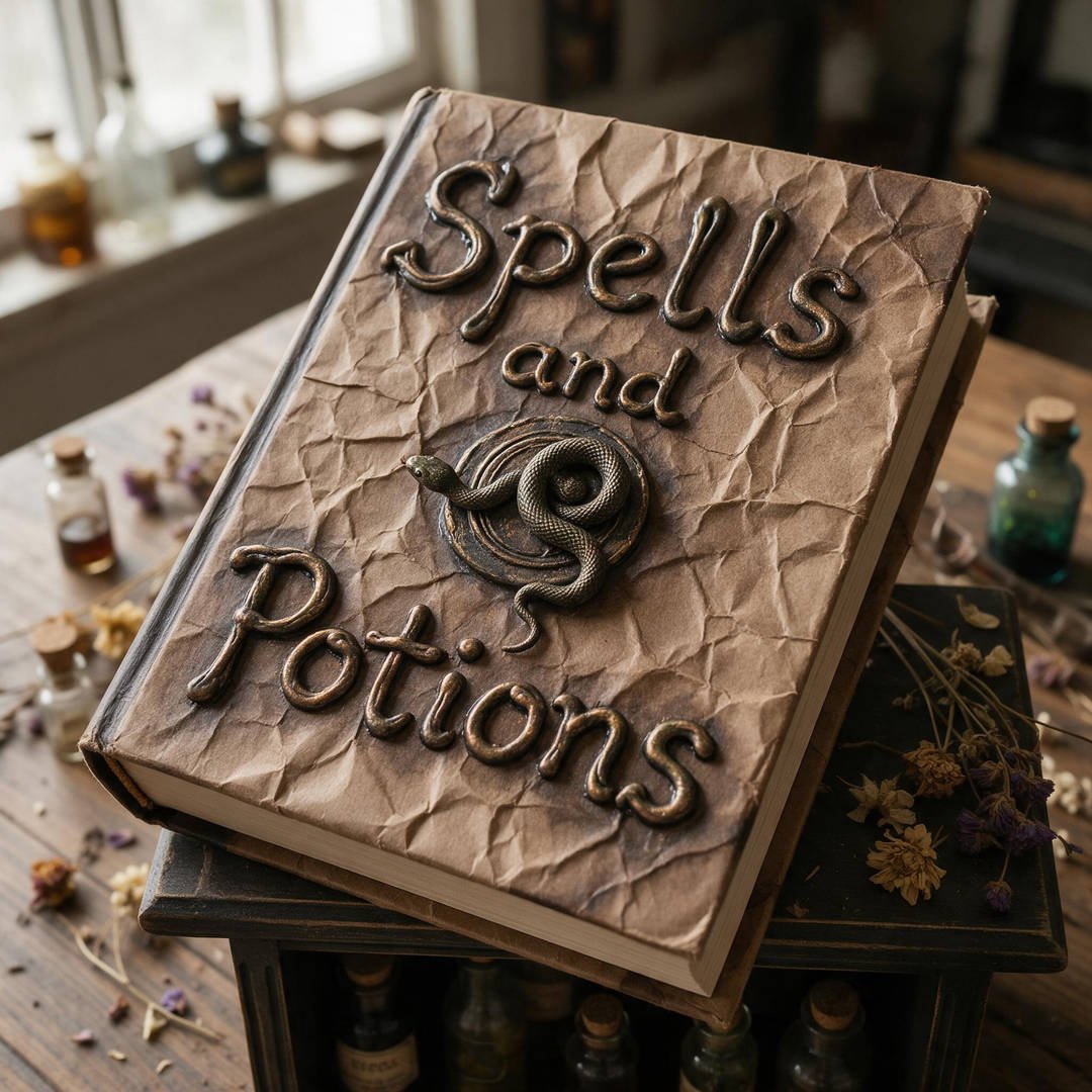 Dollar Tree Spooky Spell Book Prop - Antiqued hardcover book with raised 3D hot-glue serpent lettering, bronze rub, and dark wax finish