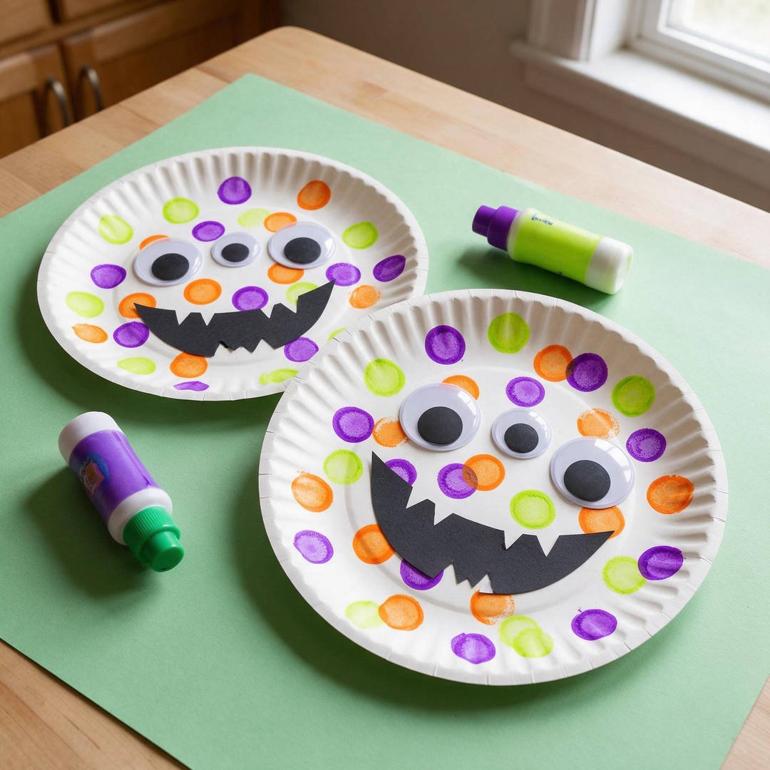 10 Easy No-Mess Halloween Crafts for Toddlers (Zero Cleanup) 3 Dot Marker Paper Plate Monsters - Sturdy white paper plate stamped with colorful purple and lime-green sponge dots with large googly eye stickers