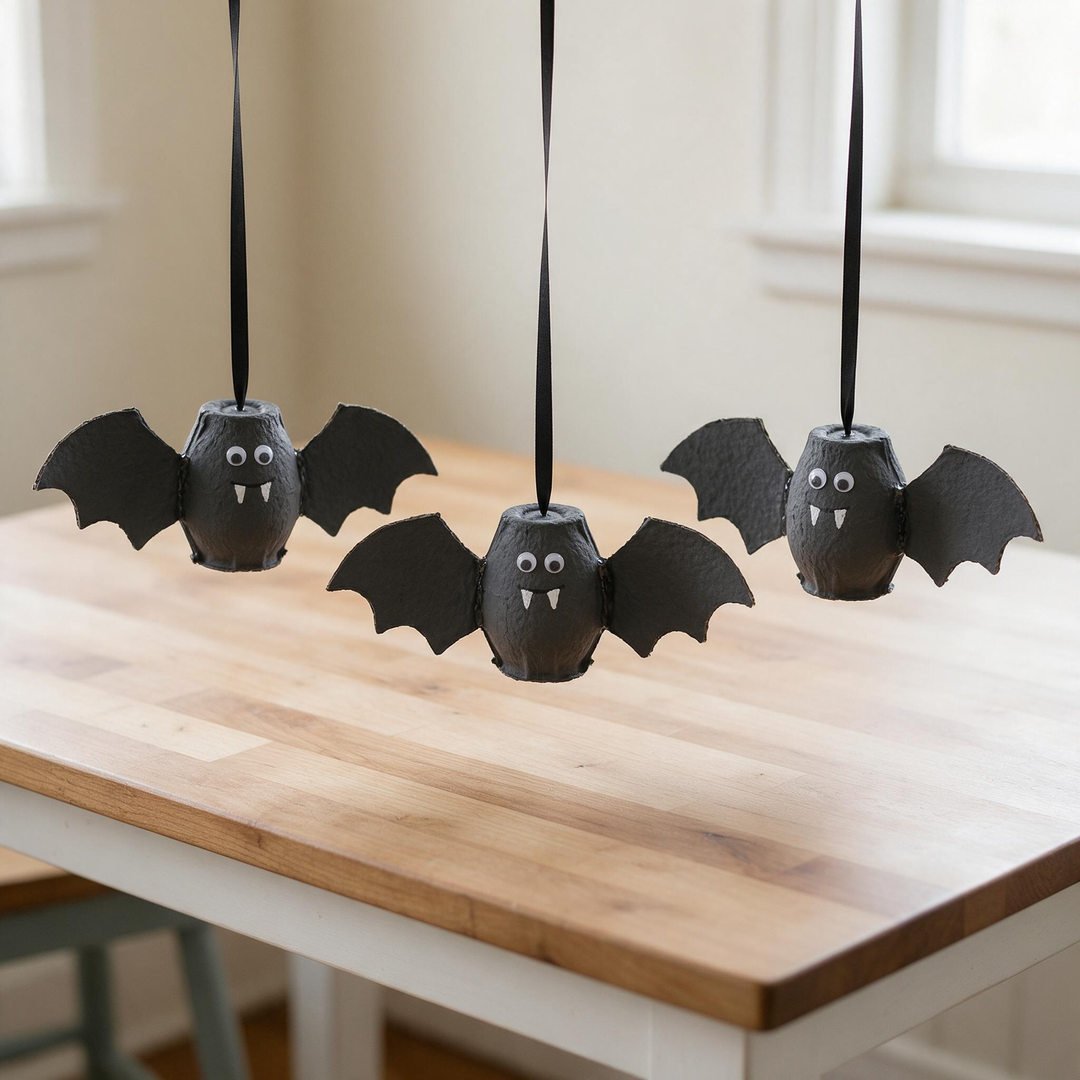 10 Easy Halloween Craft Ideas for Kids (Fun & Spooky DIYs) 3 Egg Carton Bat Hanging Mobiles - Trio of recycled cardboard egg carton cups painted black with scalloped wings and ribbon hangers