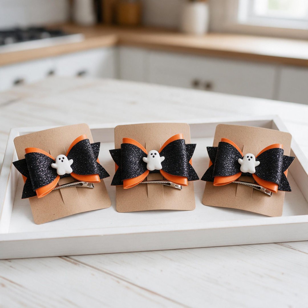 Faux Leather Spooky Hair Bow Clips - Glitter black and orange faux leather pinch hair bows mounted on boutique cards
