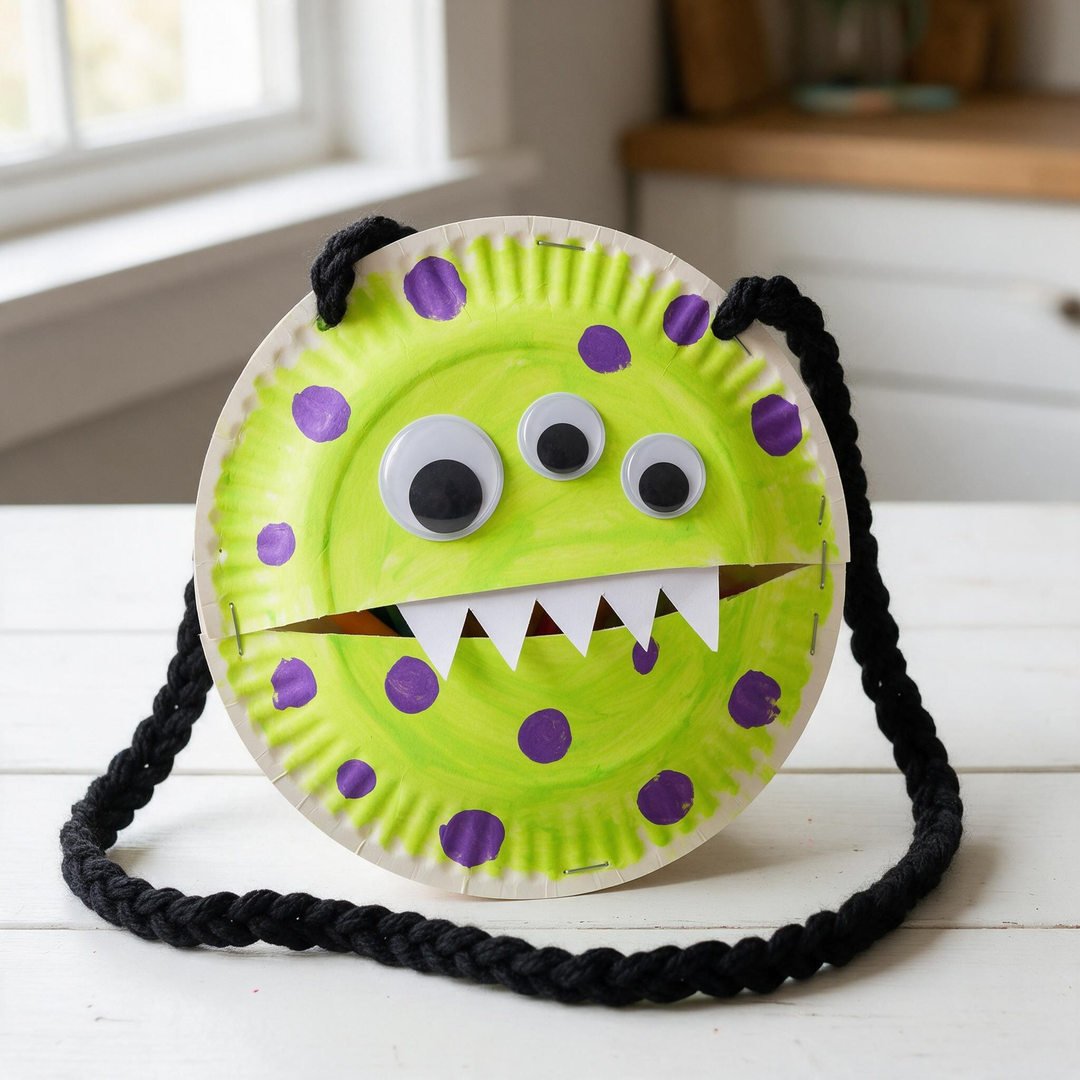 Folded Paper Plate Monster Treat Pouch - Two stapled paper plates painted bright neon lime green with monster eyes and yarn strap