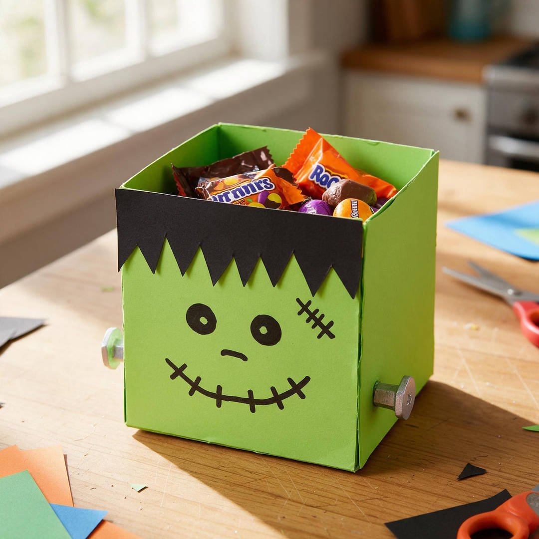 Frank-in-a-Box Frankenstein Treat Box - Lime green cube gift box with jagged black hair cutouts and silver cardstock neck bolts