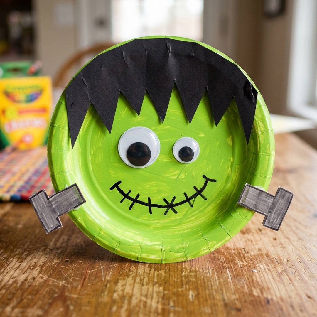 Friendly Frankenstein Monster - Cute green painted paper plate Frankenstein monster craft with jagged black paper hair and googly eyes