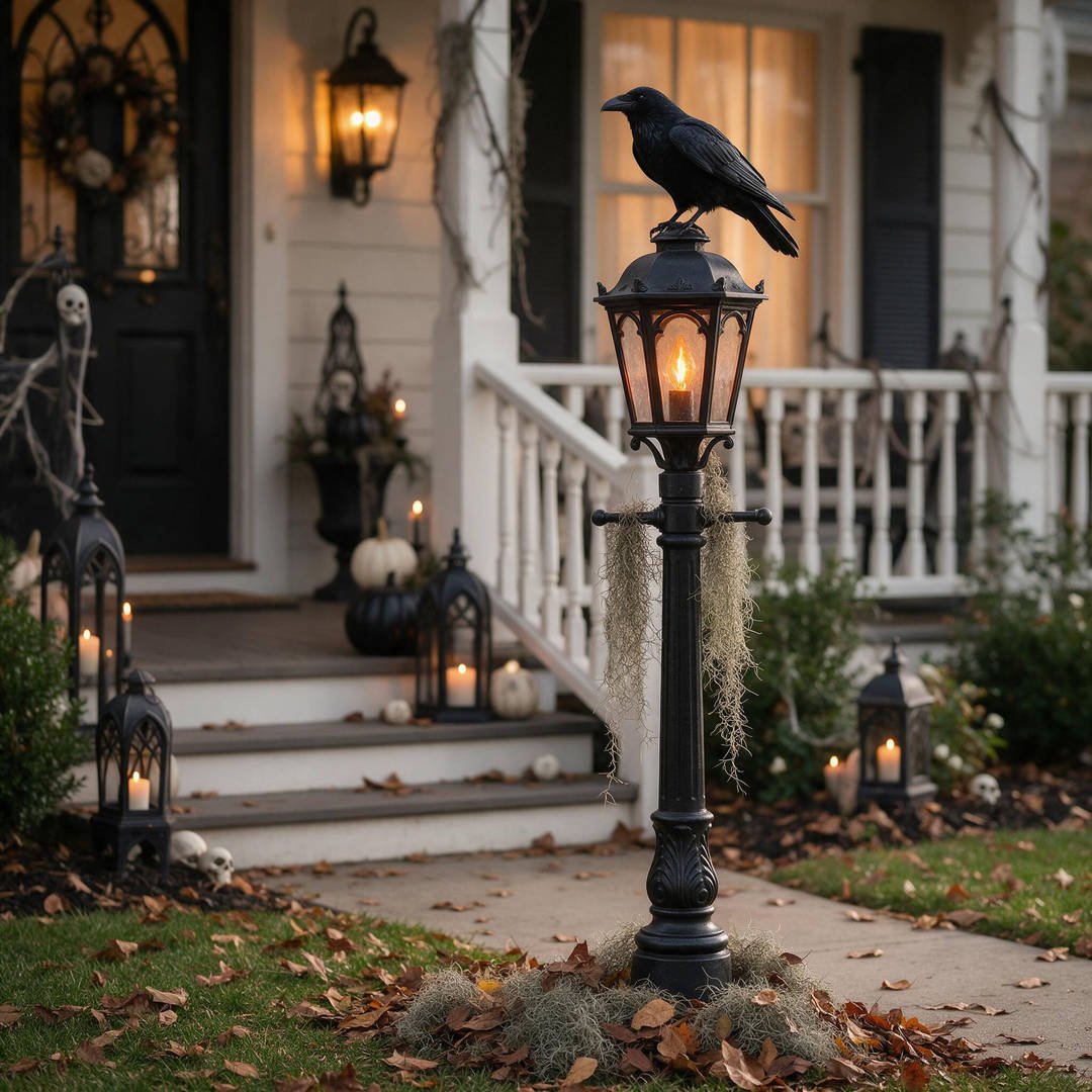 25+ Best Home Depot Halloween Decorations for 2026 (Viral Animatronics & Porch Decor!) 4 Victorian black street lamp post with flickering flame lantern and perched raven Halloween lawn decor