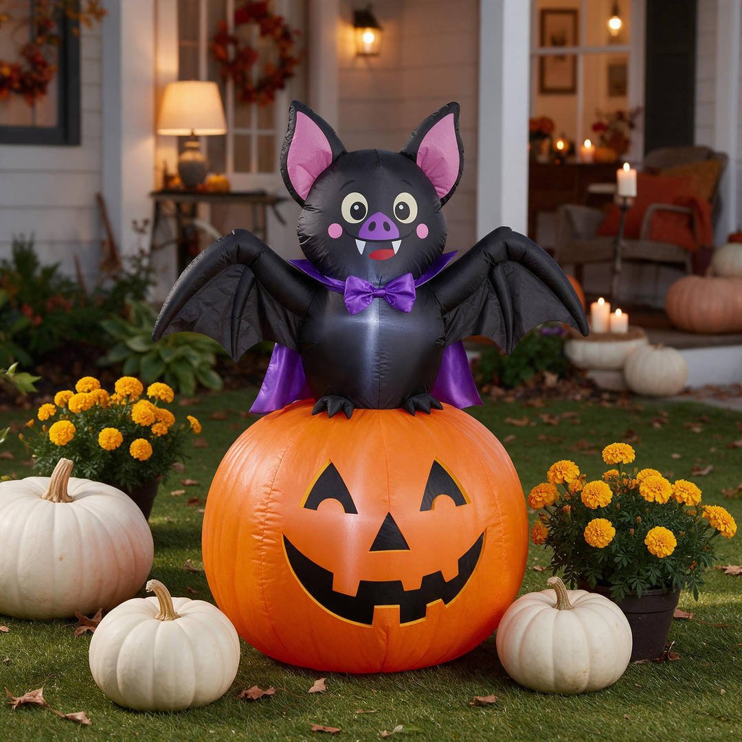 A whimsical cartoon vampire bat inflatable with tiny fangs seated atop an illuminated carved pumpkin on a front lawn