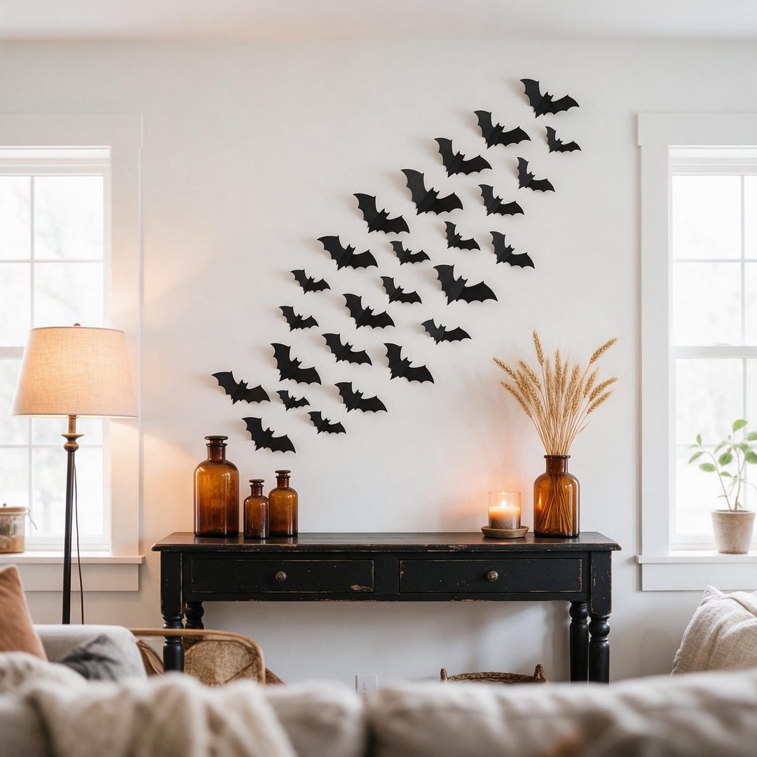 Budget-friendly living room holiday styling featuring paper 3D bat wall swarms and thrifted amber bottles