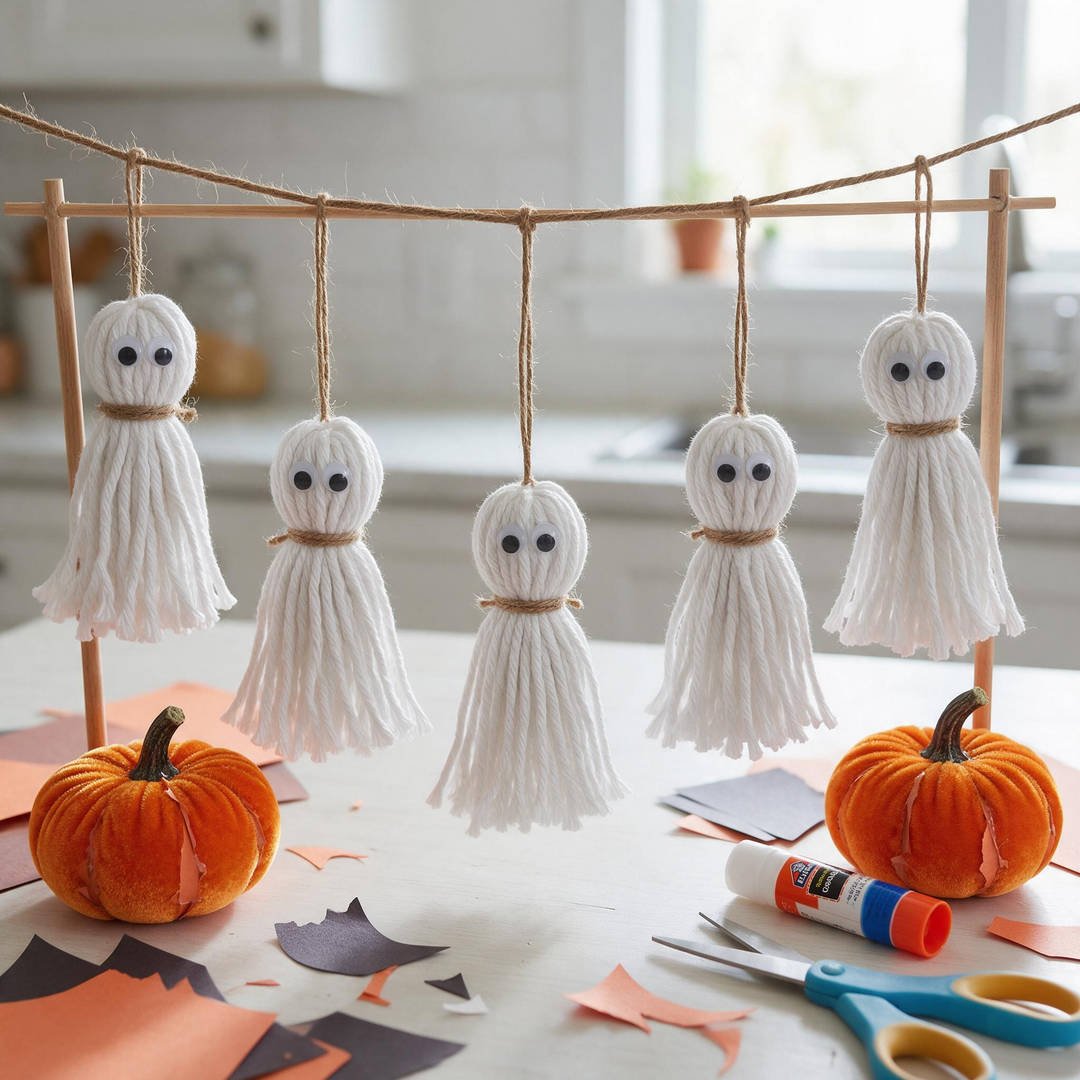Mop Head Yarn Fluffy Ghost Garland - White cotton floor mop strands tied into ghost tassels with googly eyes along natural jute cord
