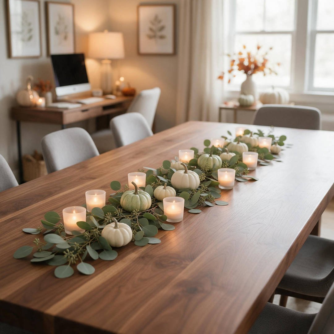 A modern boardroom conference table styled with low-profile faux eucalyptus runners, white pumpkins, and battery LED votives