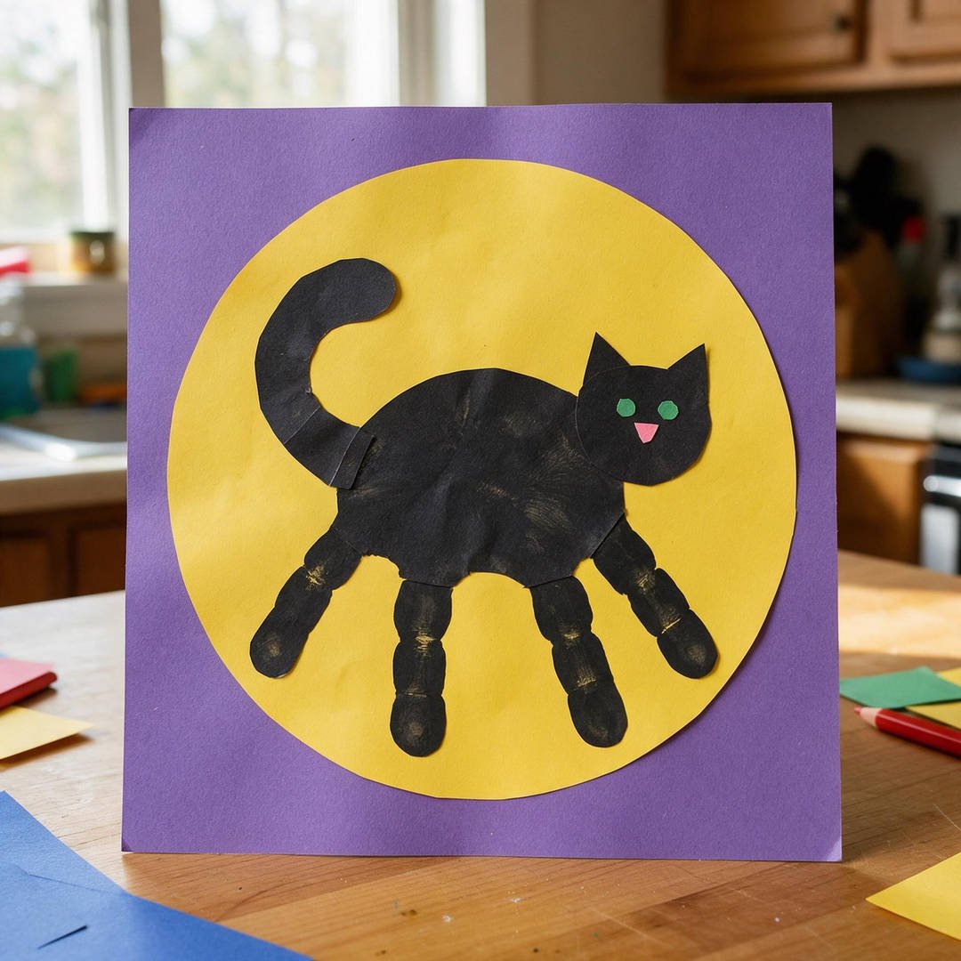 Paper Handprint Black Cat on Full Moon