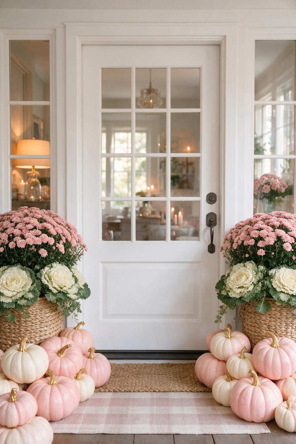 A welcoming front porch entrance styled with hand-painted pastel pink heirloom pumpkins, blush mums, and a layered rug