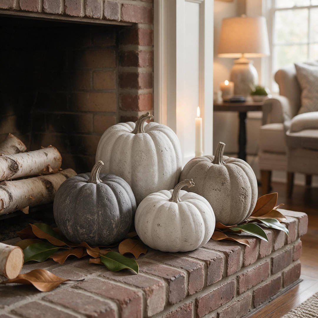 An assortment of faux weathered concrete and stone pumpkins with realistic tactile pitting arranged on a brick hearth
