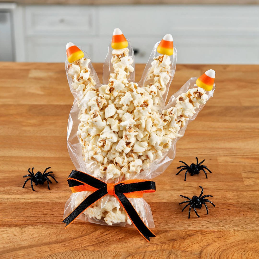 Skeleton Popcorn Hand Treat Bag - Clear glove filled with white popcorn and candy corn fingernails tied with orange ribbon