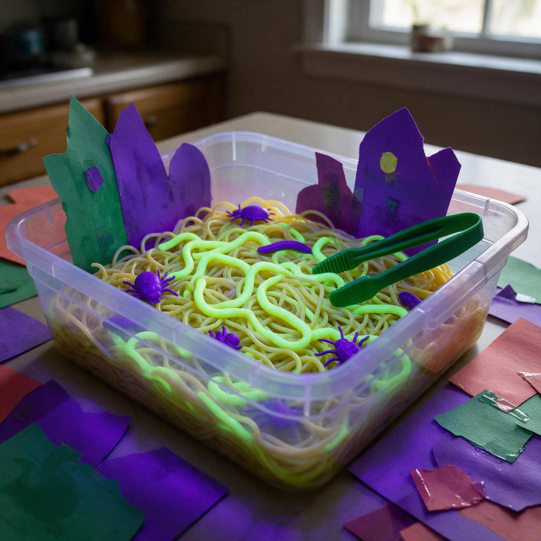 Spooky Glowing Spaghetti Worms Bin - Tangled cooked spaghetti noodles glowing neon yellow-green like swamp worms in a sensory tub