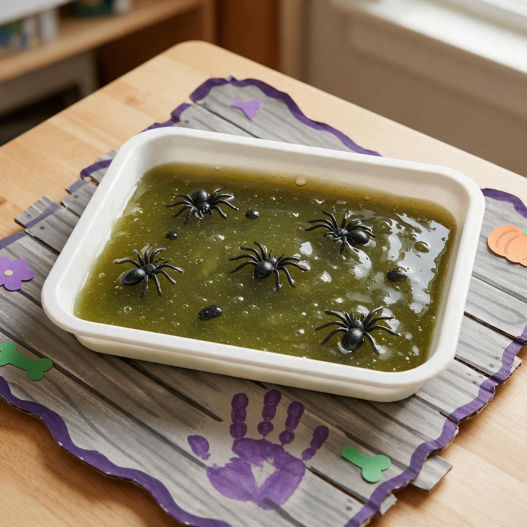 10 Spooky DIY Monster Slime Ideas for Eerie Halloween Fun 3 Swamp Monster Ooze Slime - Semi-translucent murky olive green gooey slime crawling with small black novelty spiders in a sensory tray