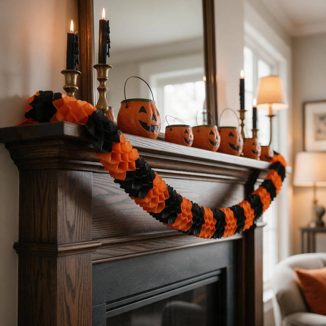 A dark wooden fireplace mantel adorned with black and orange tissue paper honeycomb garlands and brass candelabras