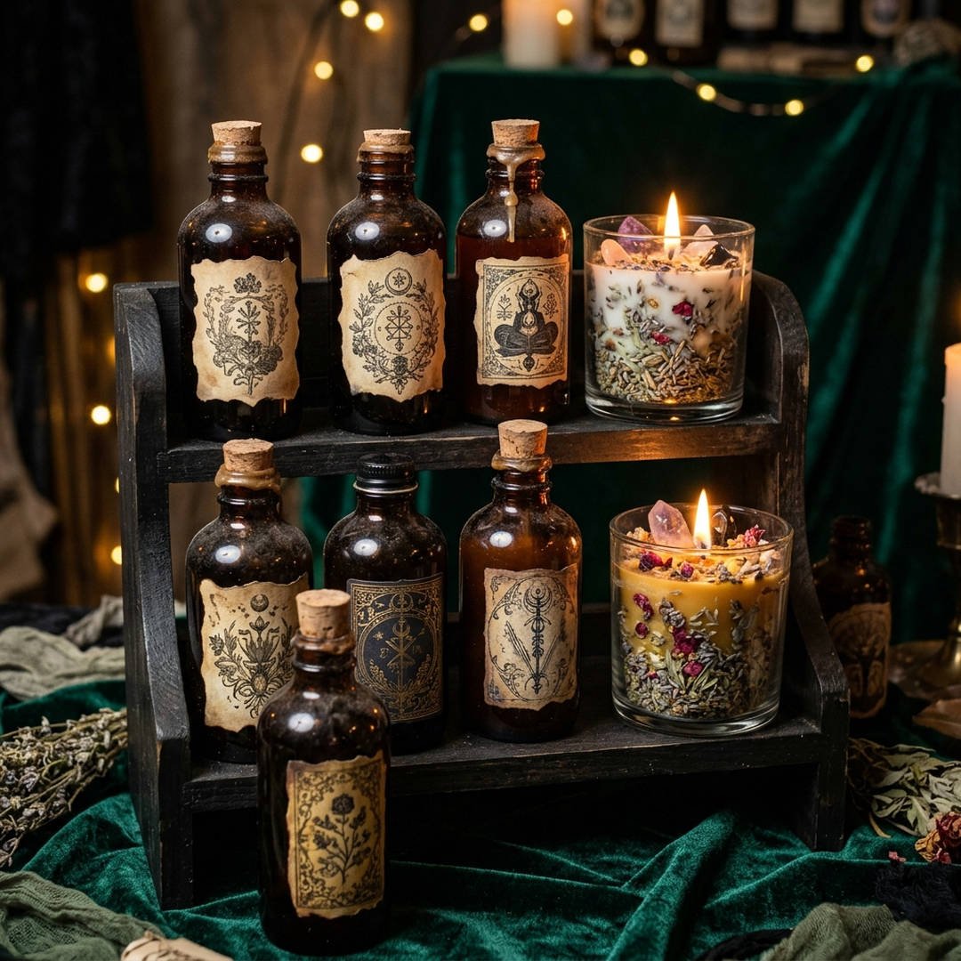10 Best Halloween Craft Booth Ideas to Make & Sell 3 The Witch's Apothecary Potion Shelf - Amber glass potion bottles and botanical candles on a dark velvet craft booth shelf