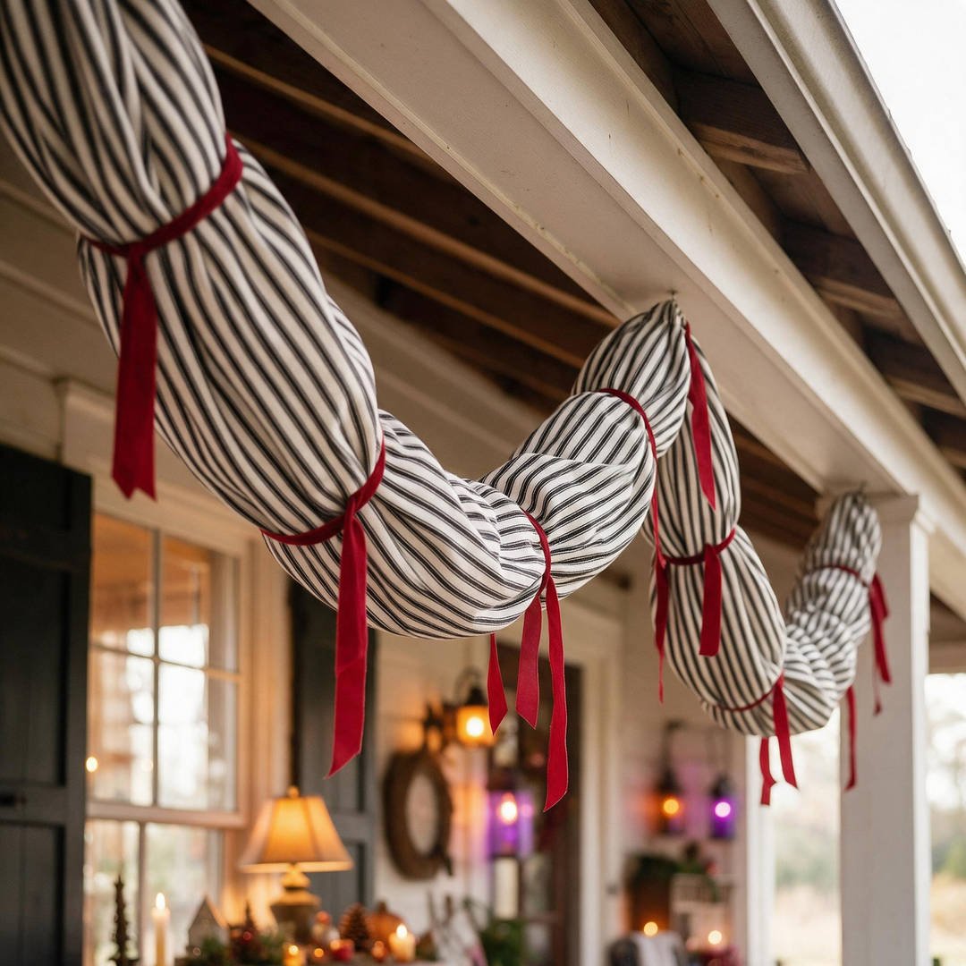 25+ Spooky Beetlejuice Halloween Decorations (Sandworm DIYs!) 5 A long black-and-white striped flexible fabric garland styled like a sandworm undulating along a covered porch roofline with red accents