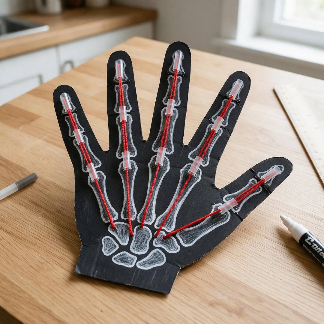 10 Moving Skeleton Hand Paper Crafts for Spooky STEM Fun 4 Black & White Chalk Bone X-Ray Hand - Black cardstock hand with drawn white chalk skeletal bones and red string tendons