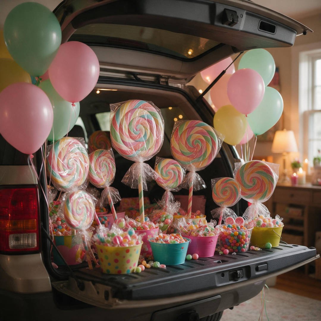 30+ Easy Car Halloween Decorations (Trunk or Treat Ideas!) 5 A car trunk overflowing with colorful giant paper plate lollipops wrapped in cellophane pastel balloon clusters and rainbow banners