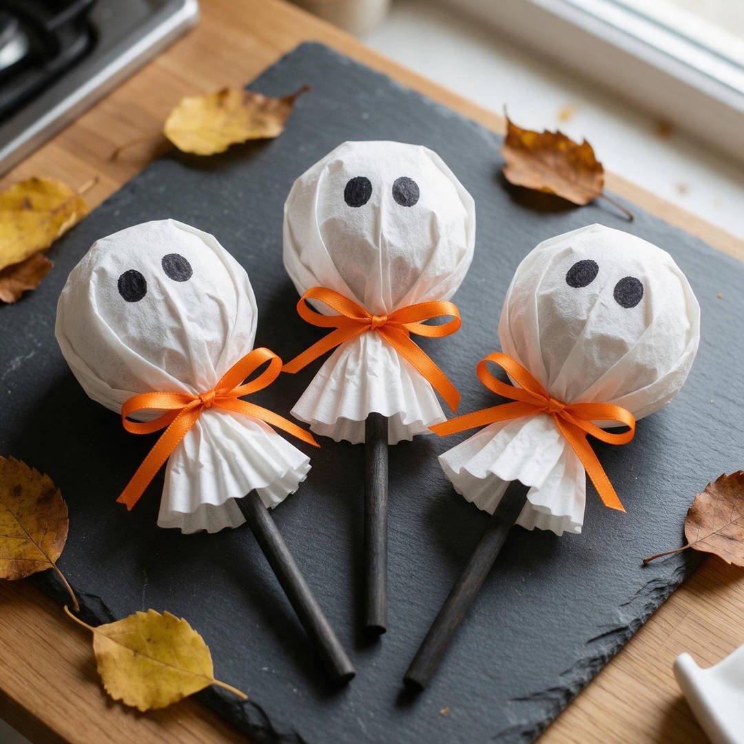 Coffee Filter Lollipop Ghost Treat Bags - Round lollipops wrapped in white coffee filters tied with orange satin ribbons and marker eyes