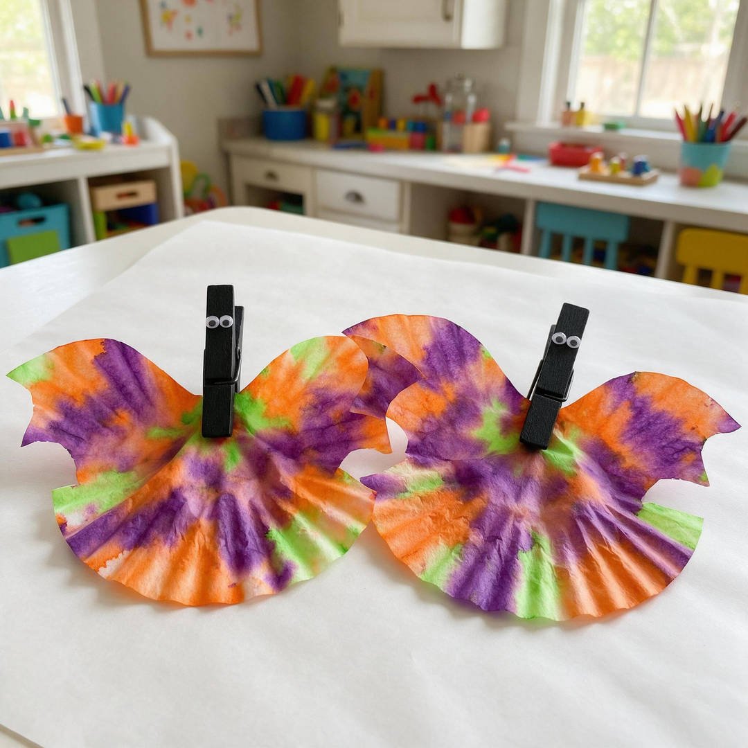 10 Easy Halloween Craft Ideas for Kids (Fun & Spooky DIYs) 4 Coffee Filter Watercolor Bats & Ghosts - Tie-dyed purple and orange watercolor coffee filter bat clipped with black clothespin