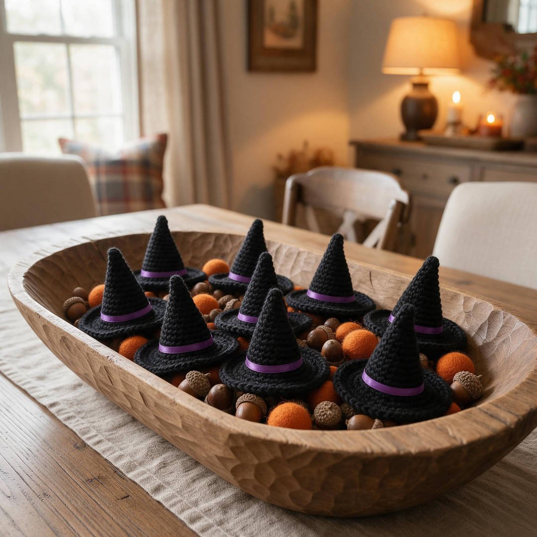 25+ Cute Crochet Halloween Decorations (Free Patterns & DIYs!) 5 A wooden dough bowl filled with miniature handmade crochet black witch hats and orange pom poms