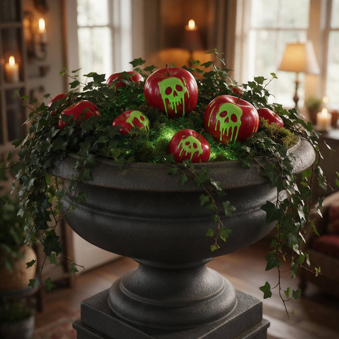 25+ Magical Disney Halloween Outdoor Decorations (Mickey Pumpkins & Haunted Mansion Ideas!) 5 Front porch botanical urn planter styled with Disney Snow White poison apples and glowing green moss