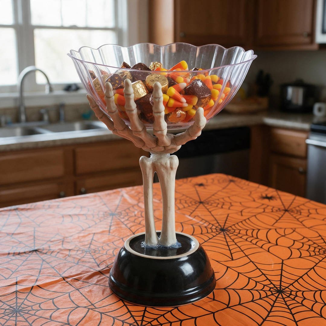 Dollar Tree Skeleton Dish Display - Matte black plastic hand holding clear plastic candy bowl filled with wrapped sweets