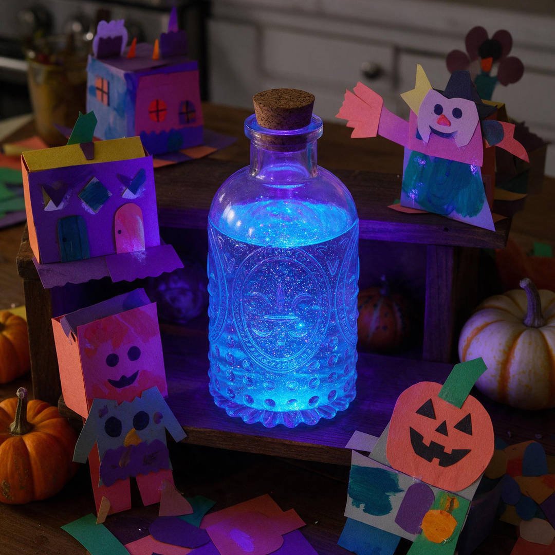 10 Kid-Safe DIY Potion Making Recipes for Halloween Fun 4 Glowing Blacklight Ghost Potion - Vintage glass apothecary bottle glowing bright electric blue under safe UV blacklight in a dark room