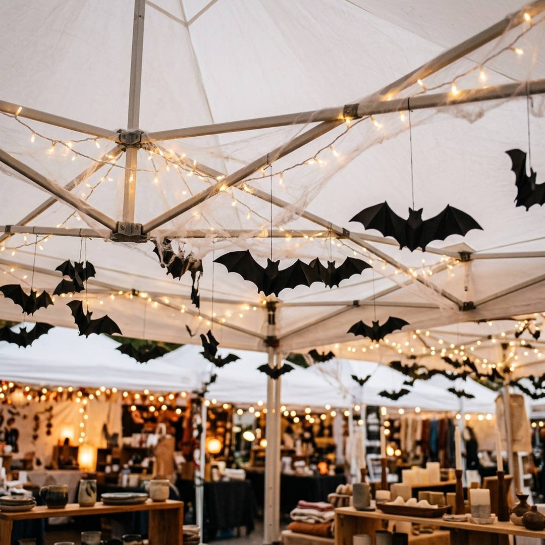 10 Best Halloween Craft Booth Ideas to Make & Sell 4 Hanging Bat & Spiderweb Canopy Display - 3D black paper bats and fairy lights hanging from a white vendor tent frame