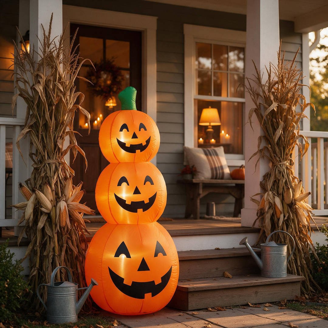 A 6-foot tall stacked jack-o'-lantern trio inflatable greeting visitors beside craftsman front porch steps