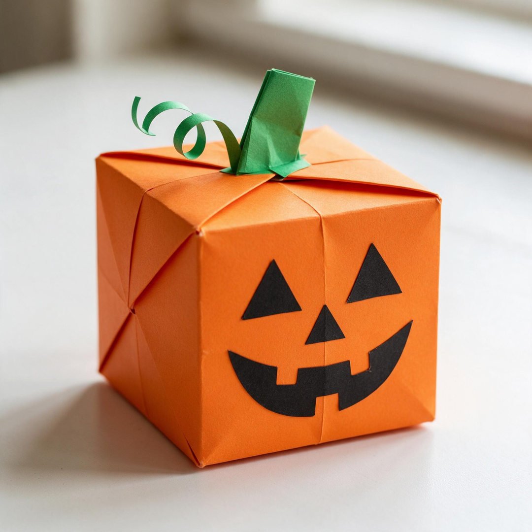 Jack-O'-Lantern Origami Pumpkin Box - Folded orange cardstock origami box with black geometric pumpkin face cutouts
