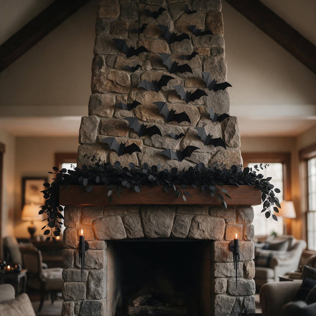 A dramatic stone fireplace hearth styled with black iron candelabras, faux eucalyptus garland, and ascending wall bats