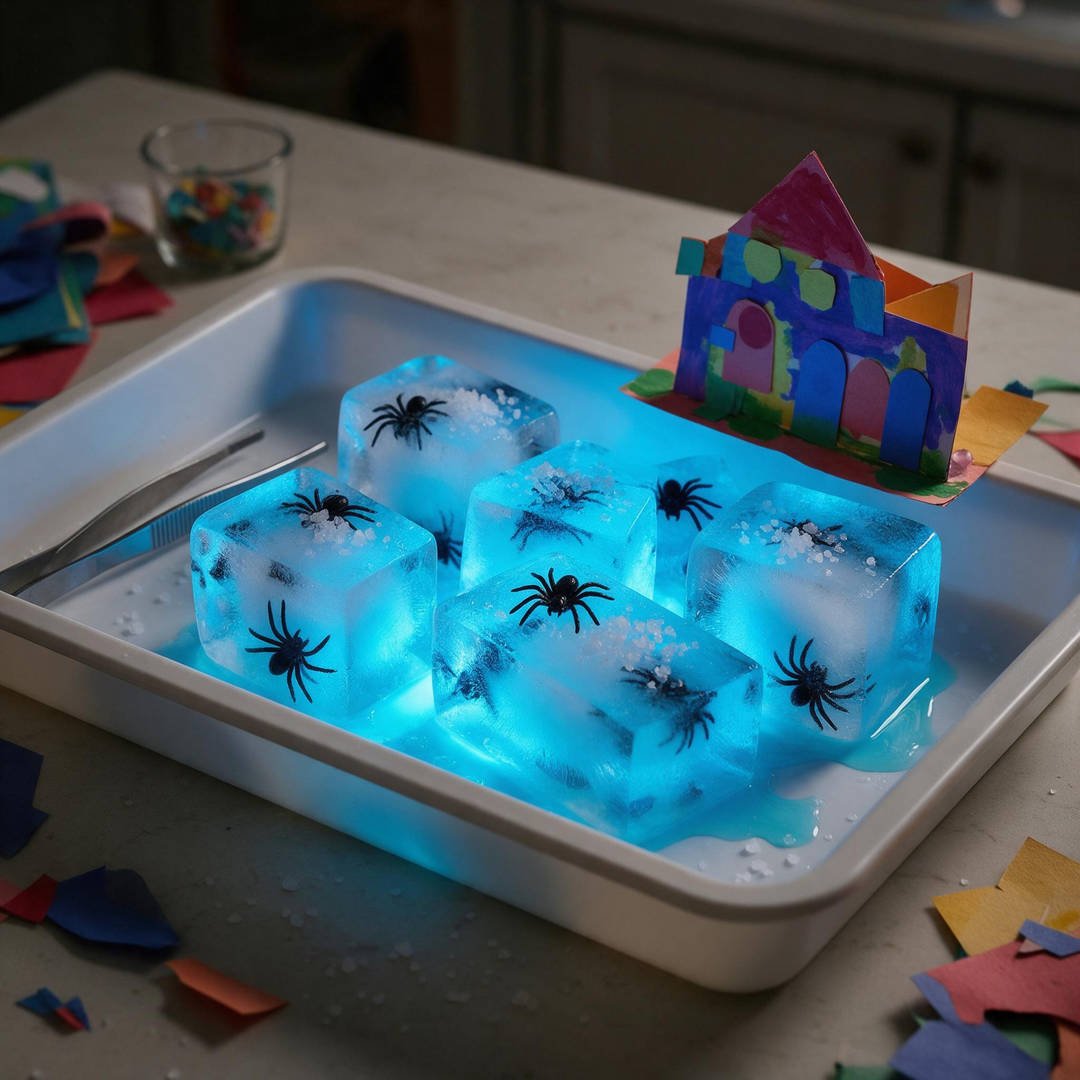 Luminous Ice Cube Meltdown Bin - Crystal clear ice cubes glowing electric blue melting in a sensory tray with trapped toy spiders