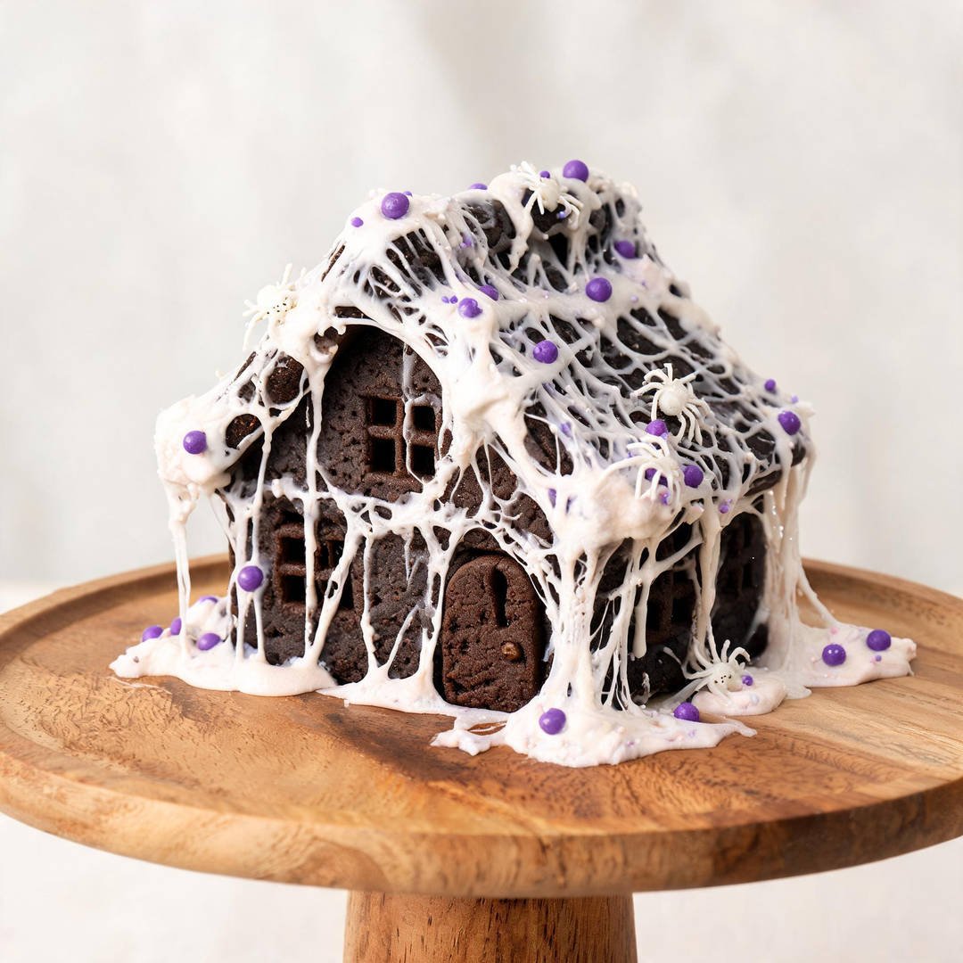 Stretched Marshmallow Spider Web Cottage - Dark chocolate cookie house draped in gooey white marshmallow spider webs and tiny candy spiders