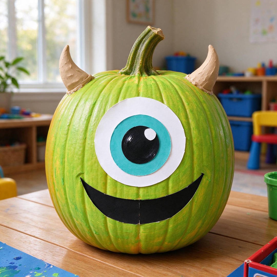 Mike Wazowski One-Eyed Monster Pumpkin - Bright lime green painted pumpkin with a giant centered turquoise eyeball and tiny gray horns