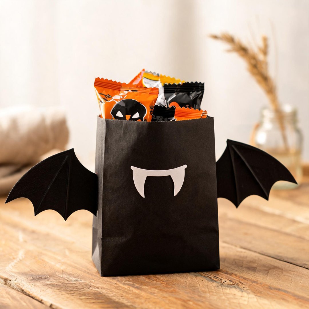 Mini Paper Lunch Bag Bat Sack - Black painted mini paper lunch bag with folded cardstock bat wings and treat handles