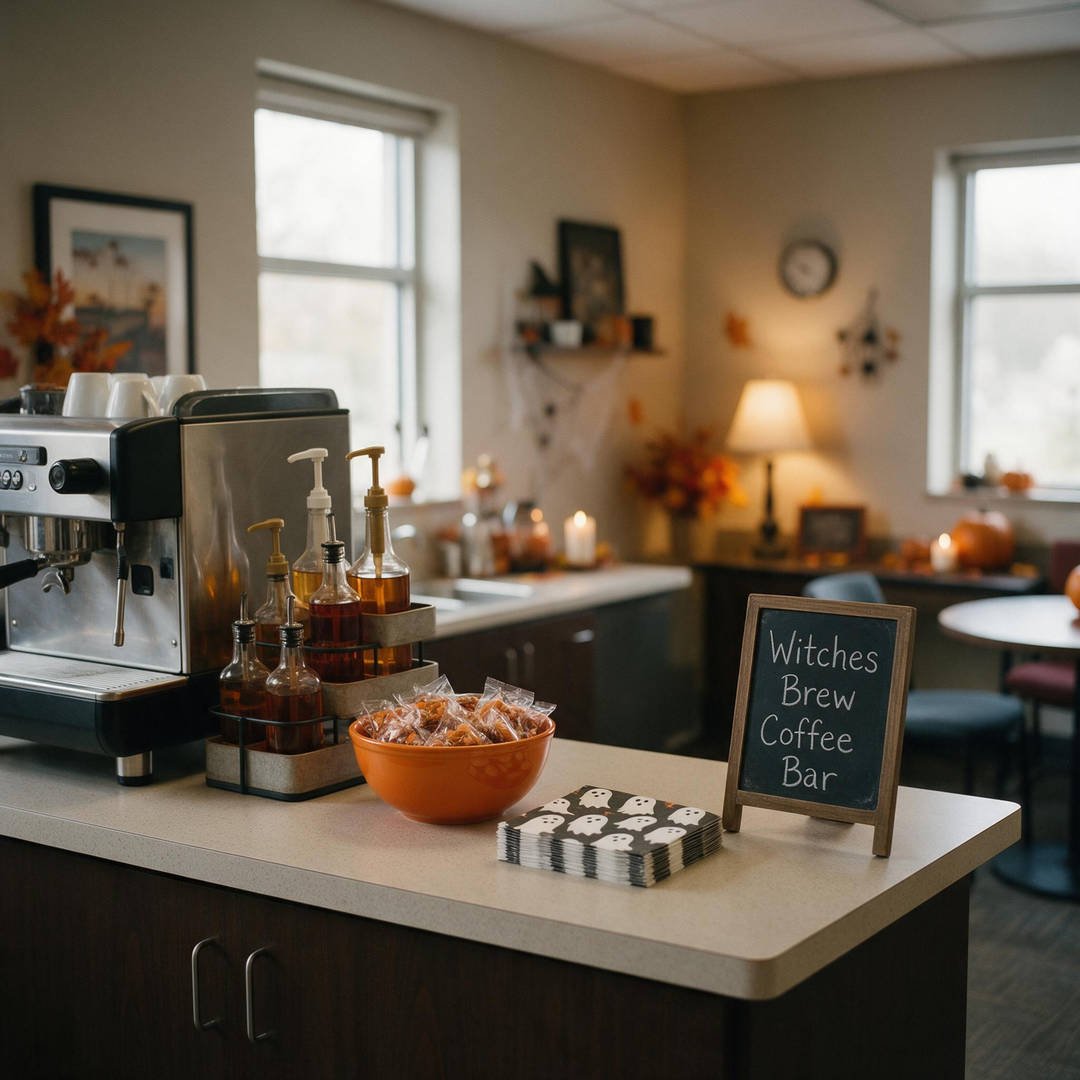 An office kitchen breakroom coffee counter styled with a 'Witches Brew' coffee bar, ghost napkins, and treat bowls