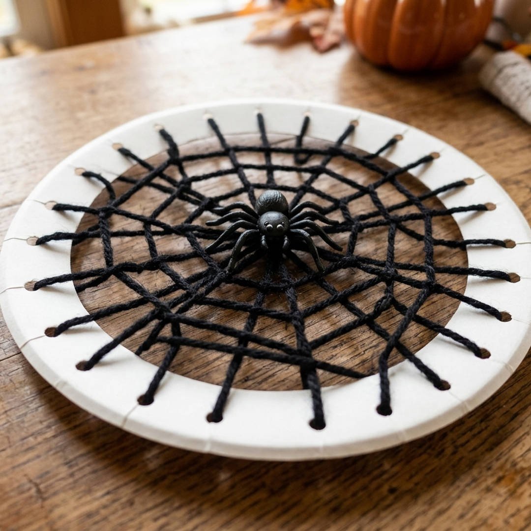 Paper Plate Spider Web with Yarn Weaving - Child hands threading black yarn through punched holes in a white paper plate spider web craft
