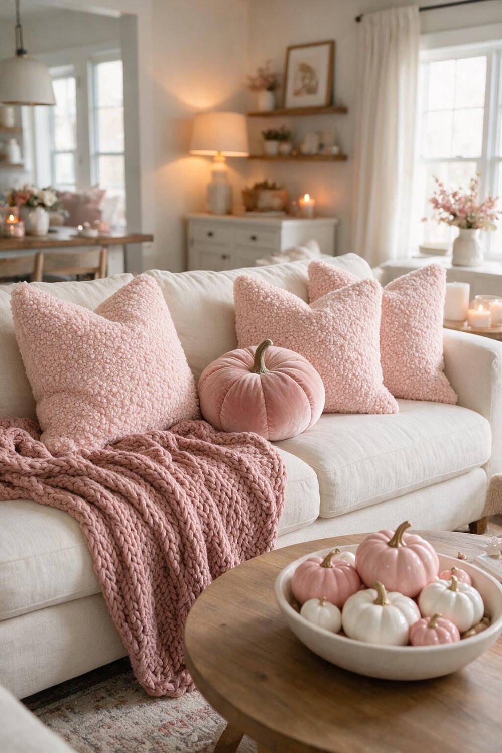 A cream sectional sofa adorned with cute plush pink ghost pillows, blush chunky knit throw blankets, and pumpkin accents