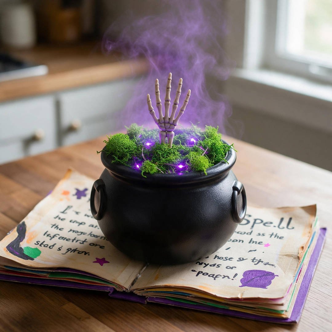 Plastic Cauldron Witch Potion Station - Miniature black plastic cauldron overflowing with green reindeer moss, skeleton hand, and purple fairy lights