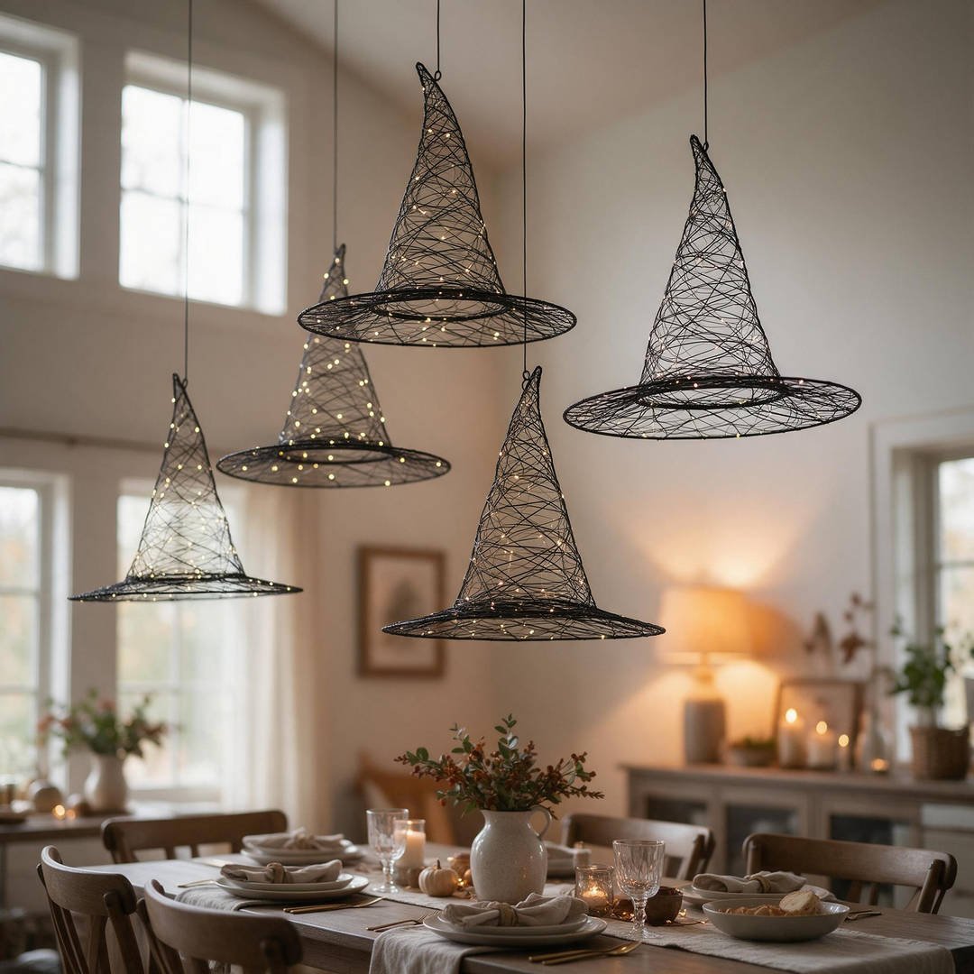 Five minimalist matte black wireframe witch hats suspended seamlessly from a dining room ceiling with fairy lights