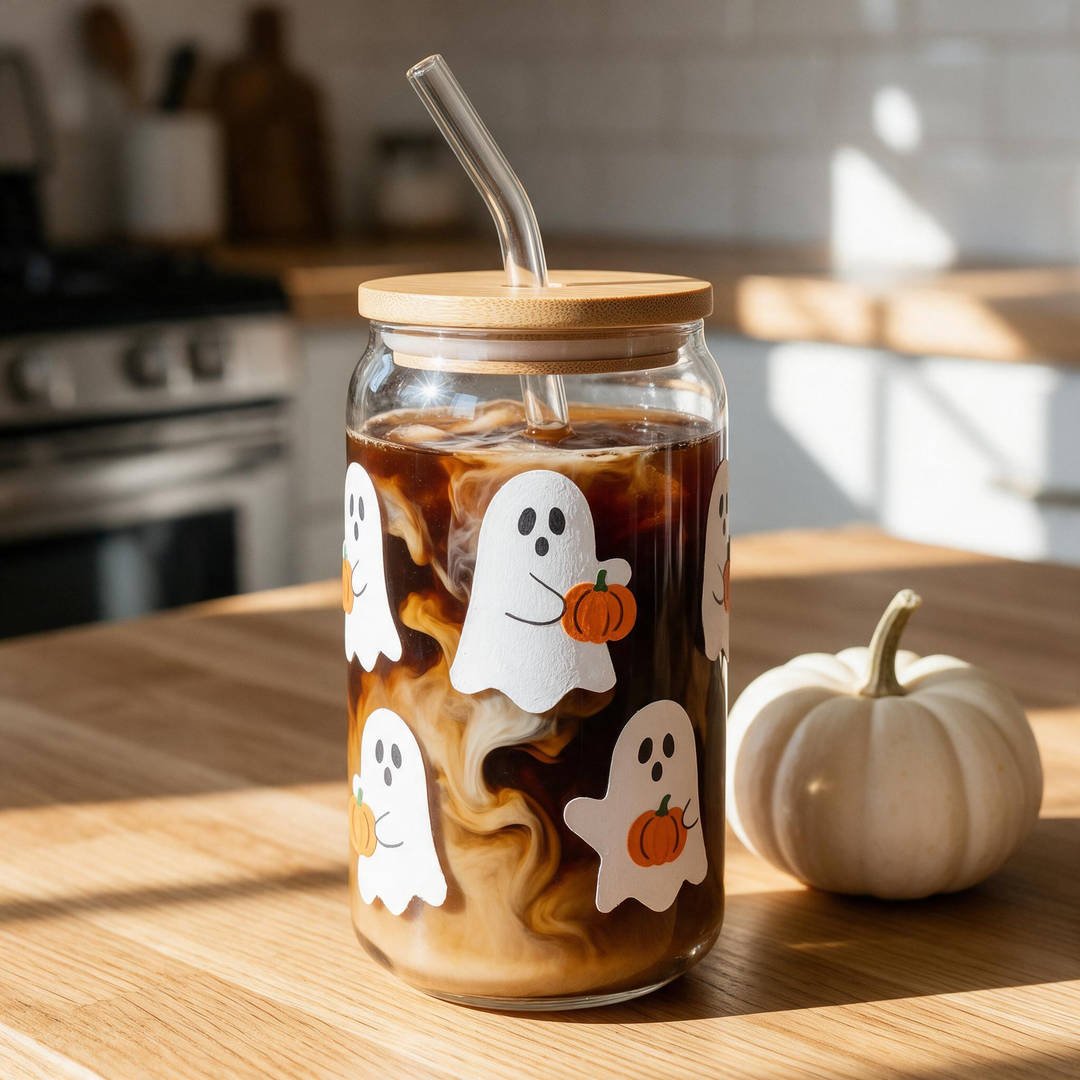 Retro Ghost Vinyl Glass Can Tumblers - 16 oz beer can shaped glass tumbler with bamboo lid, glass straw, and cute retro ghost decals