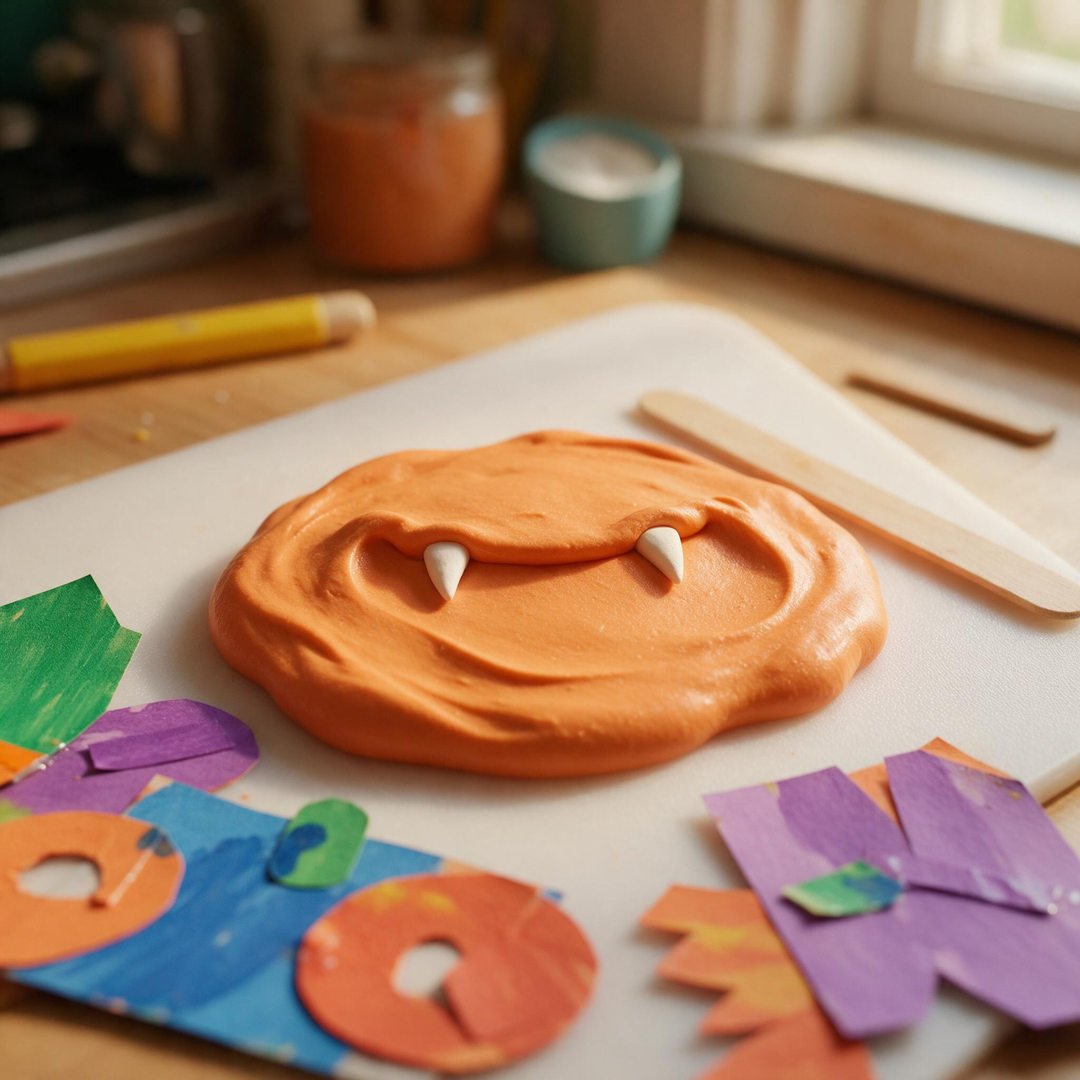 10 Spooky DIY Monster Slime Ideas for Eerie Halloween Fun 4 Spooky Fang Monster Butter Slime - Matte spreadable orange clay butter slime with miniature white clay fangs on a silicone mat