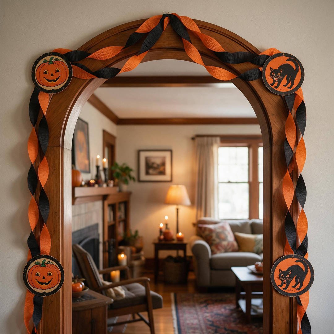 Twisted orange and black vintage crepe paper streamers framing a living room doorway with vintage cutout silhouettes