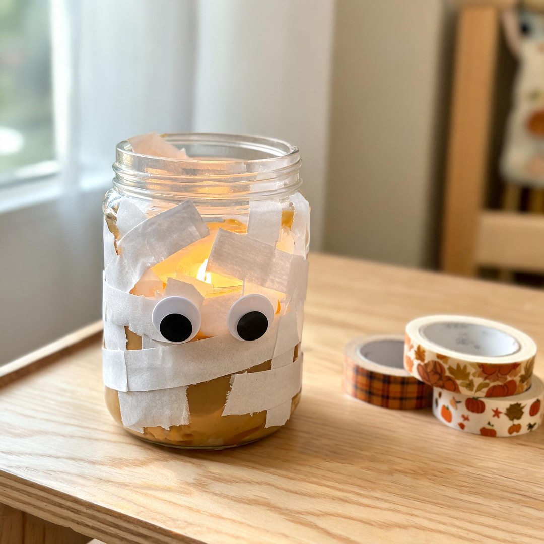 10 Easy No-Mess Halloween Crafts for Toddlers (Zero Cleanup) 4 Washi Tape Mummy Plastic Jars - Clear plastic jar wrapped in overlapping strips of white textured washi tape with large wiggle eye stickers